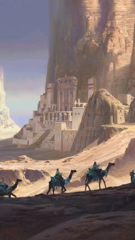 Worldbuilding Inspiration Art, Desert Castle Fantasy Art, Desert Fantasy Art Scenery, Desert Illustration Fantasy Art, Desert Merchant Fantasy Art, Fantasy Desert Castle, Dnd Desert City, Dnd Setting Inspiration, Desert City Art