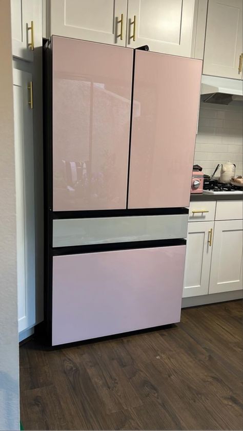 Duplex Condo, Pink Refrigerator, Pink Fridge, Girl Apartment Decor, First Apartment Essentials, Girly Apartments, Girly Apartment Decor, Kitchen Improvements, House Shifting