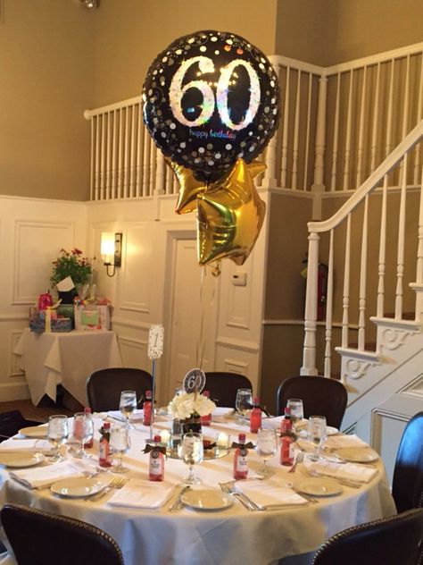 60th birthday party centerpiece in black and gold.                                                                                                                                                     More 60 Year Old Birthday Centerpieces, 60th Birthday Balloon Centerpieces, 60th Birthday Party Table Centerpieces, 60 Birthday Centerpiece Ideas, 60th Birthday Centerpiece For Mom, 60yh Birthday Party Ideas, 60th Birthday Centerpiece, 75th Birthday Party Decorations, 60th Birthday Centerpieces