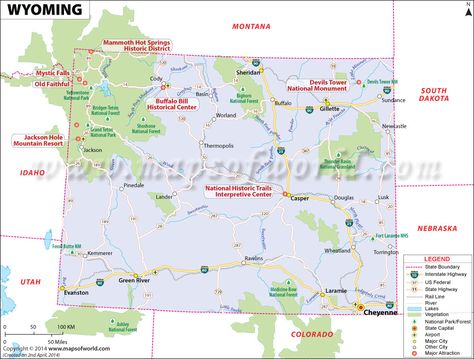 Wyoming map showing the major travel attractions including cities, points of interest, and more. Map Of Colorado, Wyoming Map, Devils Tower National Monument, Wyoming State, Western Region, America Map, Fast Facts, Usa Map, Mountain Resort