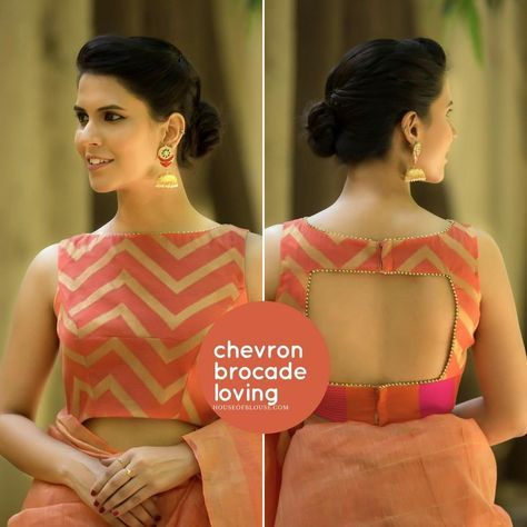 While chevron pops back into fashion time and again. This season, don't miss this peach brocade number with a bold chevron pattern. Find it… Full Neck Blouse, ब्लाउज बैक नेक डिजाइन, Neck Blouse Designs, Sleeveless Blouse Designs, Indian Blouse Designs, Blouse Lehenga, Boat Neck Blouse Design, Blouses Designs, Blouse Designs Catalogue