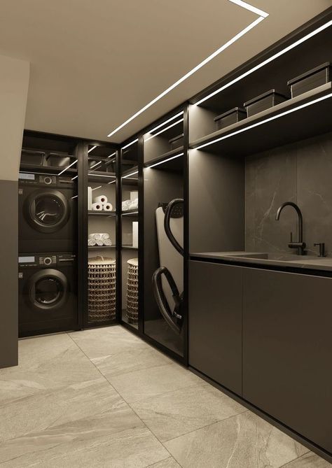 Dark Apartment Aesthetic, Dark Laundry Room, Laundry Room Aesthetic, Dark Garage, Garage Build, Wardrobe Systems, Smart House, Laundry Room Layouts, Modern Laundry Rooms