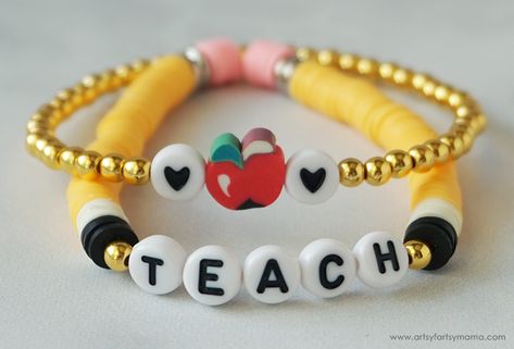 Heishi Teacher Bracelet Set | artsy-fartsy mama Clay Bead Bracelet Ideas, Bead Bracelet Ideas, Cricut Business, Teacher Bracelet, Heishi Bracelets, Appreciation Gifts Diy, Teacher Appreciation Gifts Diy, Clay Bead Bracelet, Teachers Diy