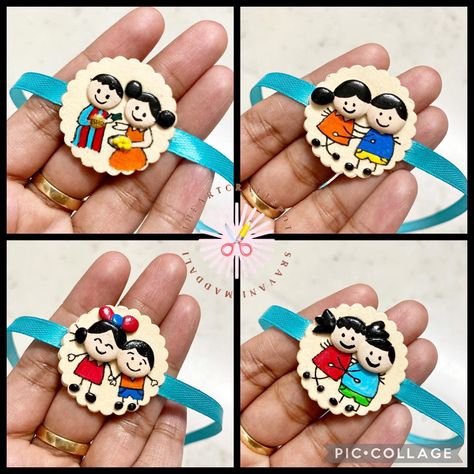 Handmade / Hand painted Rakhi made out of paper , #fevicrylmouldit clay and #acrylicpaints @hobbyideasindia Preserve your rakhi as a fridge magnet 😊 4mm magnet is provided with every rakhi Cute Rakhi Ideas, Rakhi Made By Hand, Hand Made Rakhi For School, Rakhi Making With Clay, Diy Rakhi Handmade Ideas Easy For Kids, Photo Rakhi Handmade, Raki Design, Raki Making Ideas, Handmade Rakhi Designs Diy