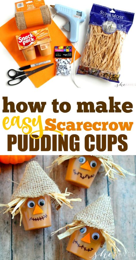 Easy Fall Snack for Kids: Scarecrow Pudding Cups - SheSaved® Scarecrow Pudding Cups, Fall Class Snacks, Preschool Fall Snacks, Preschool Snack Ideas For Classroom Fall, Fall Theme Snacks For Kids, Fall Classroom Snacks For Kids, Fall Snacks For Kids School, Scarecrow Snacks For Kids, Fall Classroom Treats