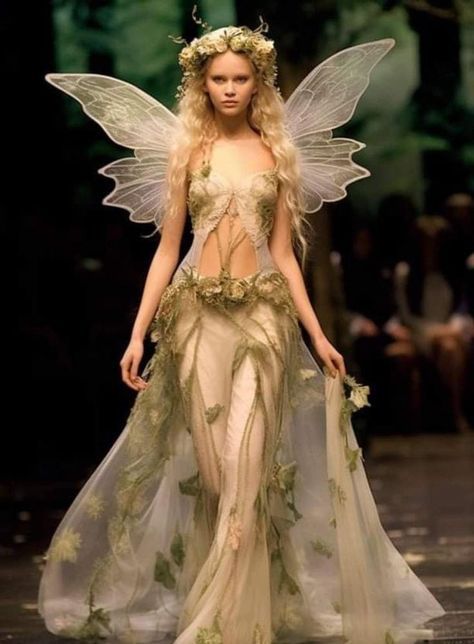 Fantasy Outfits Fairy, Ethereal Fairy Outfit, Enchanted Costume Ideas, Flora And Fauna Costume, Celestial Fairy Costume, Fairy Theme Outfit, Garden Fairy Aesthetic Outfit, Fairy Tale Outfits, Nature Fairy Outfit