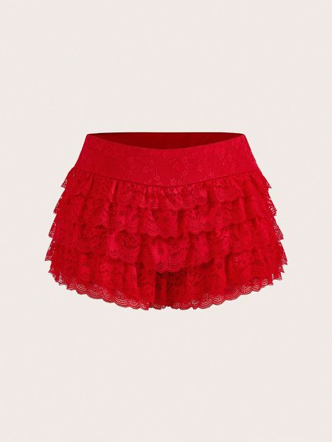 Plus Size Summer Fashionable Solid Color Multi-Layer Lace Ruffle Hem Shorts Red Casual   Knitted Fabric Plain Skinny High Stretch  Women Plus Clothing, size features are:Bust: ,Length: ,Sleeve Length: Red Ruffle Shorts, Coquette Shorts, Outfits Extra, Red Lace Skirt, Icon Y2k, Rave Festival Outfits, Red Mini Skirt, Shein Icon, Rave Festival