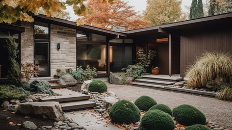 Mid Century Modern Japanese, Japanese Backyard, Mid Century Landscaping, Mid Century Modern House Exterior, Mid Century Modern Ranch, Creative Landscaping, Mid Century Modern Exterior, Ranch House Exterior, Mid Century Exterior