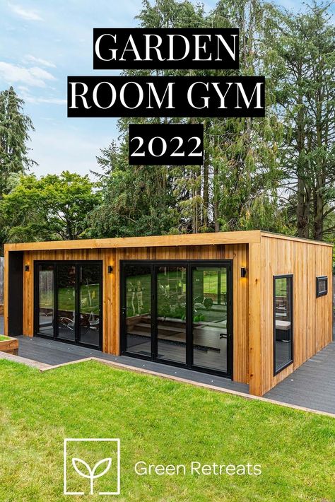 Gym Shed Ideas Workout Rooms, Backyard Workout Shed, Gym Backyard Ideas, Gym Shed With Sauna, Outdoor Home Gym Shed, Gym Addition To House, Home Gym Separate Building, Garden Gym And Sauna, Tiny House Gym