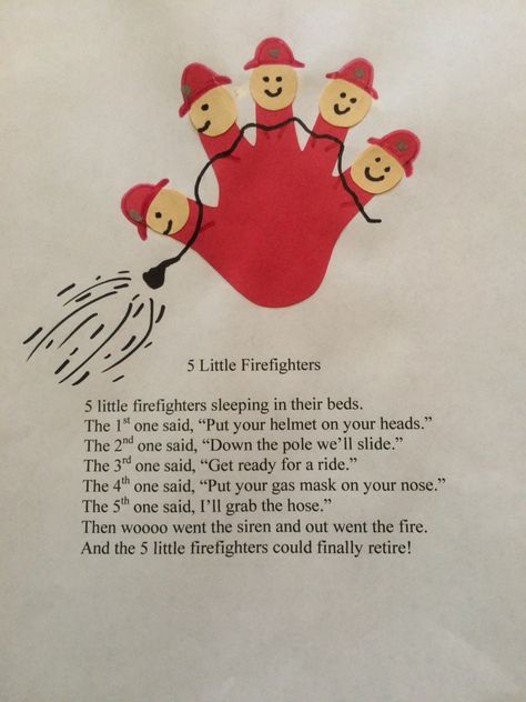 Five little firefighters poem Fire And Safety Preschool, Safety Theme Preschool, Safety Preschool Activities, Firefighter Crafts For Toddlers, Fire Safty Craft Preschool, Firefighter For Preschoolers, Fire Song, Five Little Firefighters, Firefighter Poem