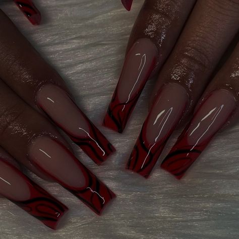 Wine Coffin Nails, Red Baddie Nails Acrylic, Baddie Red Nails, Red And Black French Tip Nails, Black And Red French Tip Nails, Red Design Nails, Nail Art Designs Red, Ballerina Acrylic Nails, Bday Nails