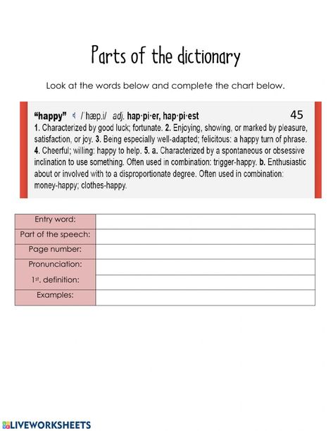 Parts of the dictionary - Interactive worksheet Compound Words Worksheets, Rhyming Worksheet, Dictionary Skills, Self Esteem Worksheets, Printable Mazes, Cut And Paste Worksheets, Spring Math, Verb Worksheets, Irregular Verbs