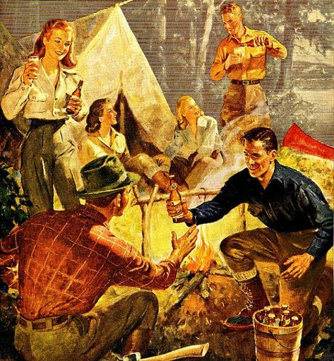 Vintage camping, summer camp and sports are a HOT decorating trend right now! Here are 10 great vintage style camp ideas to Camping Illustration, Camping In The Woods, Camping Breakfast, Diy Camping, Vintage Camping, Camping Outfits, Vintage Beer, Family Camping, Camping Experience