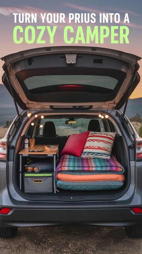 Transform your Prius into the ultimate camper with these amazing Prius camping ideas! From clever Prius car camping setups to tips for comfortable Prius living, this guide has everything you need to make life on the road easy and enjoyable. Perfect for anyone exploring Prius camper adventures or living in a car Car Camping Conversion, Car Camping Decor, Nissan Rogue Car Camping, Prius Car Camping, Suv Camper Ideas, Suv Car Camping Setup, Prius Living, Camping In Suv, Suv Car Camping