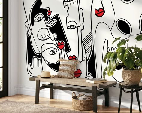 Line Art Mural, Neutral Line Art, Mural Abstract, Thick Wallpaper, Monochromatic Palette, Wallpaper Home Decor, Commercial Wallpaper, Drawing Wallpaper, Black And White Lines