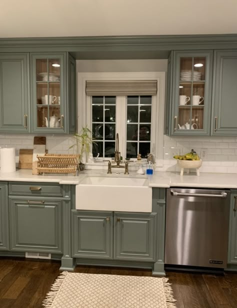 Sherwin Williams Retreat Kitchen, Sherwin Williams Retreat, Kitchen Wall Shelf Ideas, Kitchen Cabinet Inspiration, Sage Green Kitchen, House Planning, Green Kitchen Cabinets, Gray Cabinets, Kitchen Cabinets Makeover