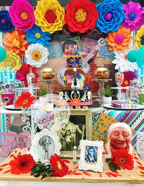 Check out this COCO Birthday Party!! The decor and dessert table are amazing!! See more party ideas and share yours at CatchMyParty.com #catchmyparty #cocobirthdayparty #cocobirthdaycake #disneycoco #fiesta Pixar Decorations, Coco Party Decorations, Coco Birthday Party Ideas, Coco Decorations, Coco Birthday Party, Movie Party Decorations, Coco Photo, Coco Birthday, Coco Party