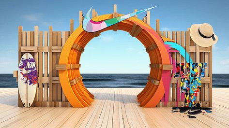 Beach Booth Ideas, Beach Gate Design, Beach Theme Backdrop, Summer Activation, Event Marketing Design, Event Entrance Design, Event Entrance, Corporate Event Design, Photo Zone