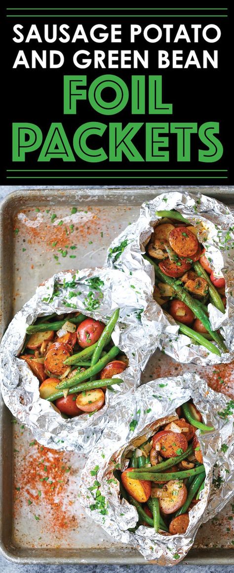 Sausage Potatoes Green Beans, Potato And Green Bean, Foil Meals, Sausage And Veggies, Campfire Recipes, Sausage Potato, Foil Pack Dinners, Foil Packet Dinners, Grilling Ideas