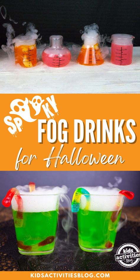 Dry Ice Kids Drink, Smoky Drinks For Halloween, Diy Fog Juice, Frozen Halloween Drinks, Dry Ice Drinks For Kids, Kids Fall Drinks, Dry Ice Experiments Kids, Spooky Drinks For Kids, Dry Ice Halloween Drinks