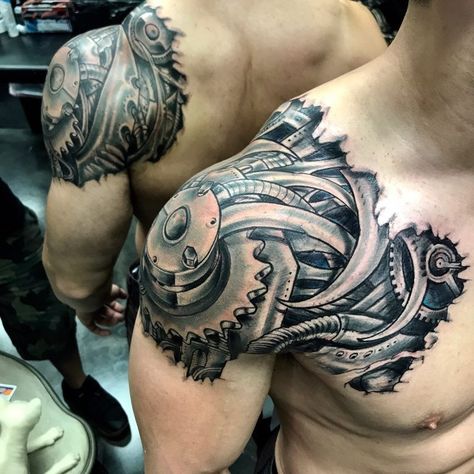 Chest And Shoulder Tattoo, Shoulder Tattoo Designs, New Tattoo Styles, Biomechanical Tattoo Design, Vegas Tattoo, Mechanic Tattoo, Biomechanical Tattoo, 3d Tattoos, Tattoo Designs And Meanings