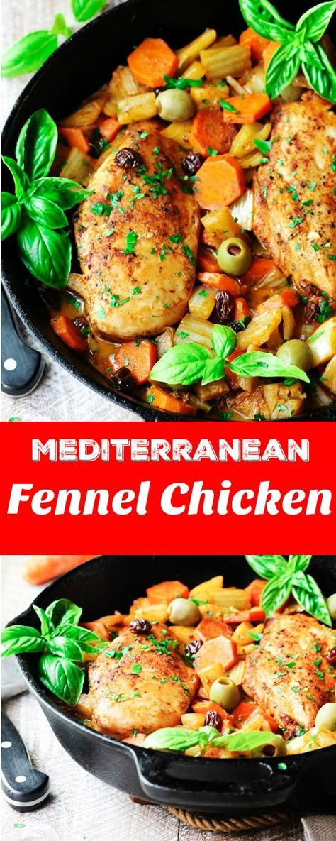 Fennel Chicken Mediterranean Style with carrots, raisins, and olives is a very easy, one-pot meal for any day of the week. It is seasoned with cinnamon, cumin and smoked paprika for an irresistible and flavorful chicken dish. #chicken #mediterranean Fennel Chicken, Chicken Mediterranean, Chicken Fennel, Fennel Recipes, Amazing Chicken, Recipe List, Mediterranean Chicken, Dinner Chicken, Easy One Pot Meals