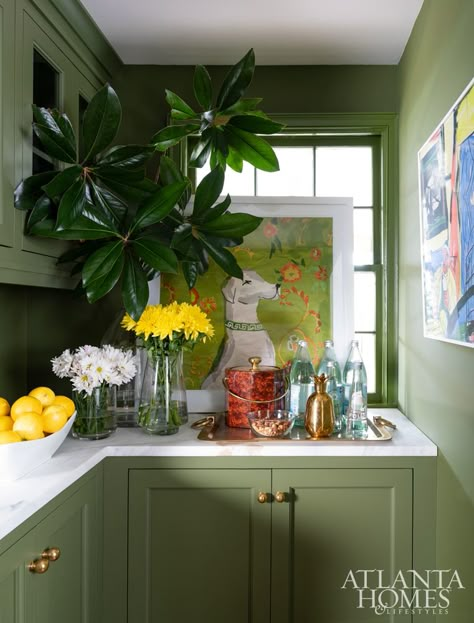 Common Thread - AH&L Kitchen Green Paint, Kitchen Design Unique, Wet Bar Kitchen, Green Shaker Cabinets, Grey And White Room, Melanie Turner Interiors, Pretty Pantry, Green Shelves, Green Painted Walls