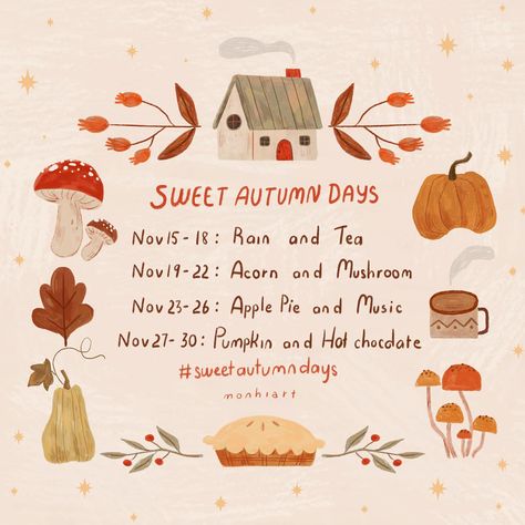 Hai Anh•illustrator | 🎃🍂 Get ready to embrace the cozy vibes of November with our Fall Art Challenge! #Sweetautumndays 🎃🍂 Join us from November 15 as we… | Instagram November Challenge, Autumn Illustration, Fall Art, Autumn Crafts, Autumn Days, Instagram Hashtags, Illustrators On Instagram, Cozy Vibes, Autumn Art