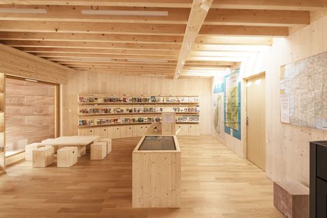 Gallery of Plainfaing Tourist Office (88) / Studiolada - 6 Tourist Office Design, Indoor Trellis, Larch Cladding, Tourist Office, Office Designs, Stone Architecture, Different Types Of Wood, Paving Stones, Timber Framing