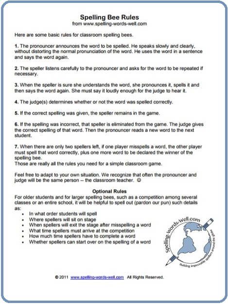 Use our simple #spellingbeerules for your classroom or school spelling bee. Our guidelines are clear and easy-to-use. See the website for a printable version. #spellingwordswell Hard Spelling Bee Words, Spelling Bee Ideas, Spelling Bee Competition, Spelling Bee Word List, Spell Bee Competition, English Spelling Rules, Spelling Bee Words, Competition Book, Bible Coloring Sheets