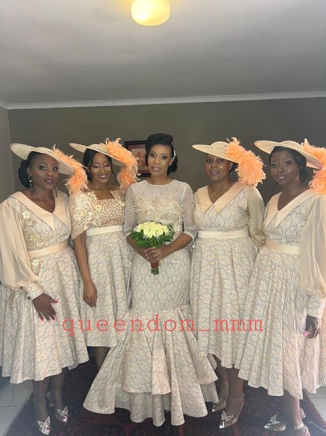 Cream Shweshwe Dresses, Pedi Dresses, Zulu Traditional Wedding Dresses, Sesotho Traditional Dresses, Xhosa Wedding, Dressy Gowns, Zulu Traditional Wedding, African Dress Patterns, South African Traditional Dresses