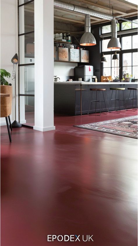 kitchen floor with concrete paint Concrete Interior Floors, Stained Concrete Floor, Concrete Paint, Floor Makeover, Concrete Interiors, Concrete Stained Floors, Exterior Painting, Painting Concrete, Stained Concrete