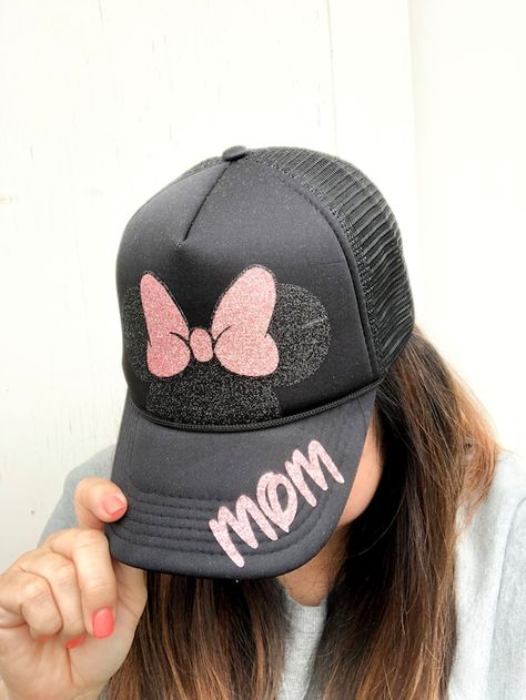 Teen Hats, Disney 2023, Monogram Hats, Rhinestone Projects, Minnie Bow, Etsy Promotion, Painted Hats, Glitter Colors, Couple Bedroom