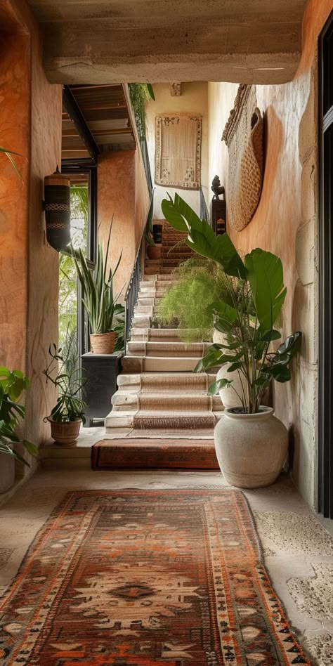 Boho Hallway featuring dream catchers as a spiritual and decorative element Bohemian Hallway, Boho Hallway, Rustic Entryway Table, Earthy Home, Mexico House, Hallway Designs, Hallway Design, Spanish Style Homes, Hacienda Style