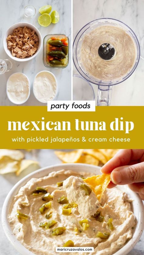 collage of mexican tuna dip preparation with text overlay Mexican Tuna, Tuna Dip, Mexican Dips, Southwestern Recipes, Spicy Dip, Mexican Snacks, Pickling Jalapenos, Spicy Tuna, Tuna Recipes