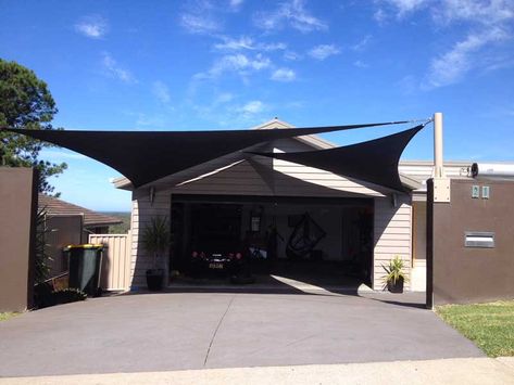 Suspension Awning, White Fabric Awning, Cantilever Canopy, Shop Awning Black Fabric White Trim, Slide Wire Canopy Diy Retractable Awning, Garage Extension, Shade Sails, Home Still, Black Sails