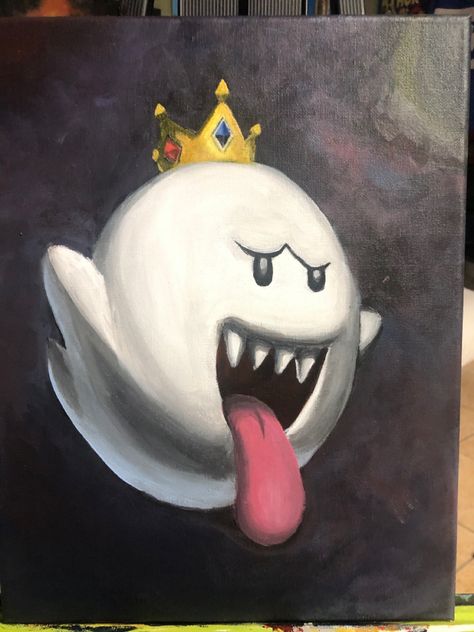 Painting of king Boo in purple blue and dark purple red back ground. Acrylic on 12 x12 canvas King Boo Painting, 12x12 Canvas Painting Ideas, Super Mario Painting, Boo Painting, Kirby Painting, Painting Ideas On Canvas Cartoon, Character Paintings, Sketch Tips, Acyrlic Painting