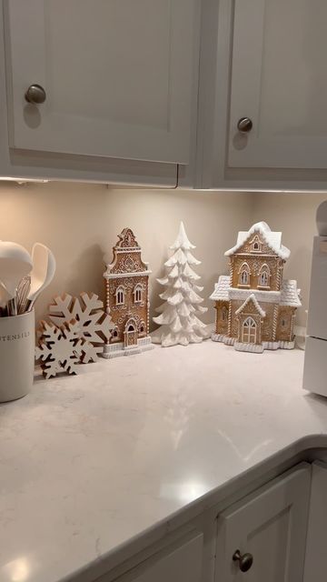 Warm Gingerbread Christmas, Winter Decor Inspiration, Christmas Decor Ideas For Counter Tops, Winter Wonderland Kitchen Decor, Classy Gingerbread Decorations, Gingerbread Village Decor, Elegant Gingerbread Decor, Christmas Village On Top Of Cabinets, Gingerbread Theme Christmas Decor