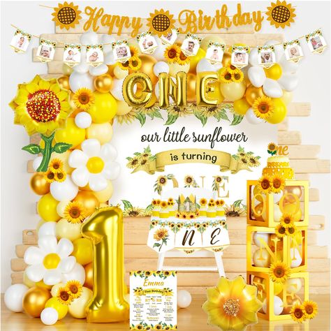 PRICES MAY VARY. 🌻 MEMORABLE SUNFLOWER PARTY – Your little sunshine is turning one. A sunflower birthday party is a great idea to celebrate this important milestone for your kid. The bright color scheme with the sweet sunflower patterns in this kit are perfectly fit for this theme. This sunflower themed birthday party must be the most precious memory to mark this time. 🌻 SUNFLOWER FIRST BIRTHDAY DECORATIONS INCLUDES - 60 x 12’’ latex balloons | 30 x 5’’ latex balloons | 10 x foil balloons | 1 Sunflower First Birthday Girl, Little Sunshine First Birthday, Sunflower 1st Birthday, Sunflower First Birthday, Backdrop Balloon Garland, Sunflower Decorations, Sunflower Birthday Parties, Backdrop Balloon, Sunshine First Birthday