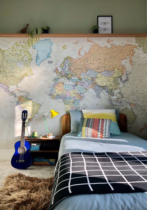 Teenage Bedroom Decorations, Explorer Bedroom, Map Bedroom, Boys Bedroom Wallpaper, Room Lights Decor, World Map Mural, Map Wall Mural, Big Boy Bedrooms, Map Murals