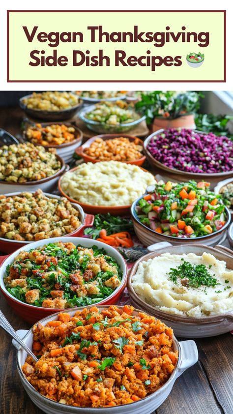 A variety of vegan Thanksgiving side dishes including mashed potatoes, stuffing, and vibrant salads arranged on a festive table. Easy Vegetarian Thanksgiving Recipes, Thanksgiving Menu List, Vegan Thanksgiving Sides, Vegan Thanksgiving Side Dishes, Dinner For Guests, Thanksgiving Side Dish Recipes, Vegetarian Thanksgiving Recipes, Classic Turkey, Thanksgiving Food Sides