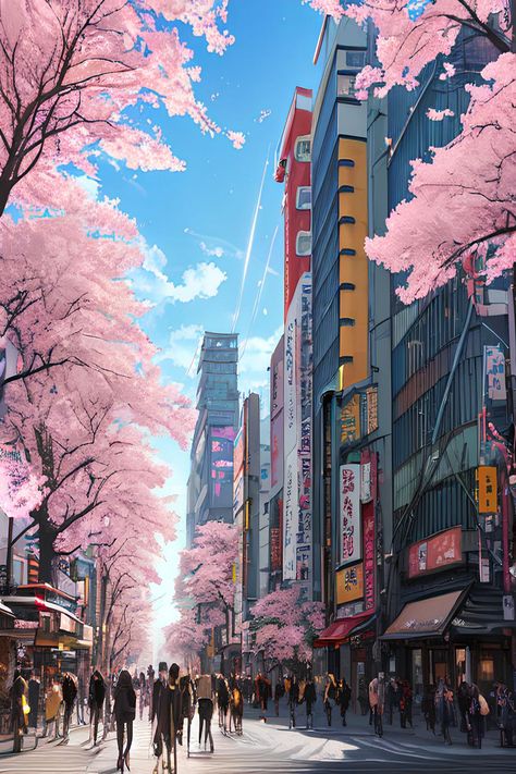 Beauty Of Anime World, Anime World Background, Anime World Aesthetic, Playlists Aesthetic, Landscape Fantasy Art, Beautiful Cityscapes, Spring Anime, Abstract Flower Painting Acrylic, Landscape Anime