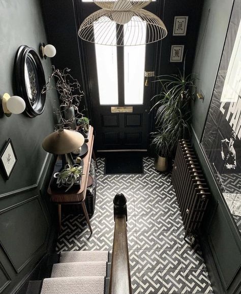 19 Dado Rail Hallway Ideas That Are On-trend For 2023 19 Hallway Wall Panelling, Jungle Hallway, Dark Green Hallway, Mood Board For Office, Hallway Paint Colours, Dado Rail Hallway, Stairway Wall Ideas, Farmhouse Molding, Dark Hallway Ideas