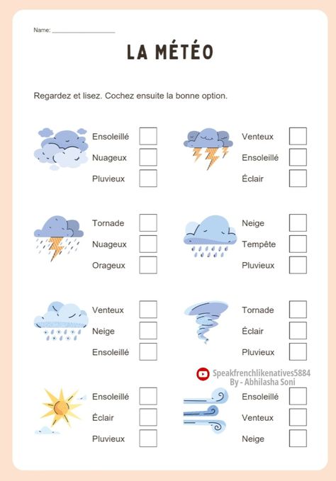 French Weather Worksheets, French Begginers Worksheet, French Worksheets For Kids, Weather In French, French Language Learning Kids, French Lessons For Beginners, Summer Learning Activities, French Articles, Seasons Worksheets