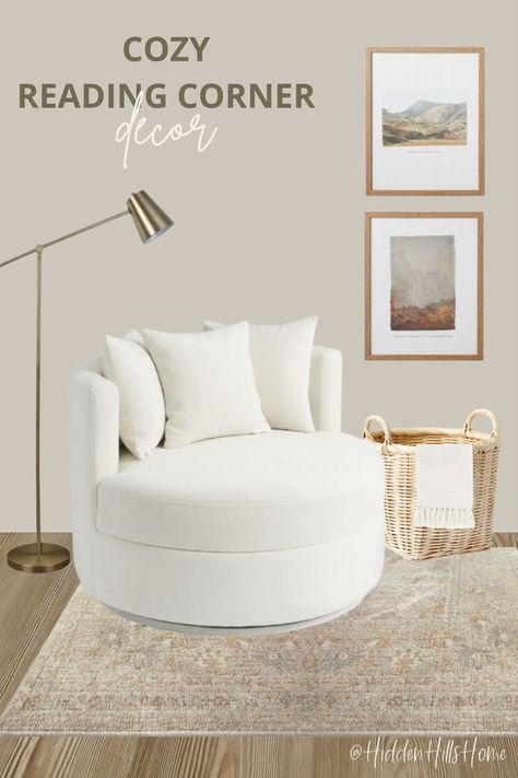 Cozy ready nook with an oversized cream swivel chair and a floor lamp! Reading Nook Modern Farmhouse, Foyer Reading Nook, Coffee Nook Sitting Area, Lounge Nook Ideas, Swivel Chair Reading Nook, Round Reading Nook, Oversized Chair In Bedroom, Comfy Reading Chair Small Spaces, Office With Reading Chair