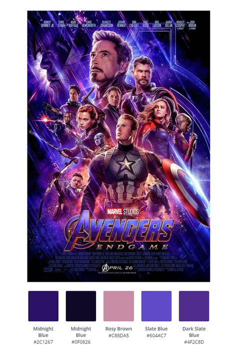 Avengers Color Palette, Movie Color Palette Colour Schemes, Marvel Color Palette, Poster Color Palette, Avengers Endgame Poster, Endgame Poster, Hangout Room Ideas, Surreal Photoshop, Movie Color Palette