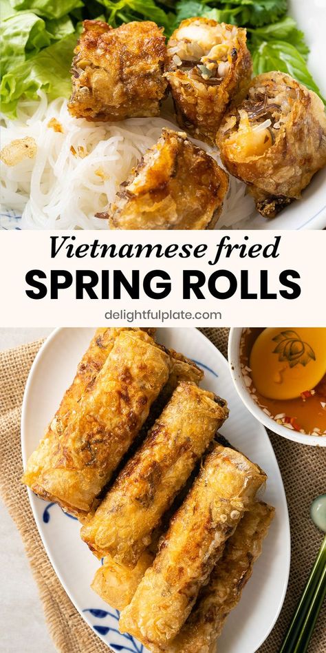 a plate of Vietnamese fried spring rolls Vietnamese Spring Rolls Sauce, Vietnamese Fried Spring Rolls, Authentic Asian Dishes, Pork Spring Rolls, Easy Vietnamese Recipes, Spring Roll Sauce, Fried Spring Rolls, Vietnamese Spring Rolls, Fresh Spring Rolls