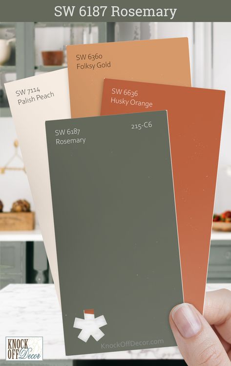 I've reveled in the task of pairing Sherwin-Williams Rosemary with colors that echo its lush vibrancy. It's about creating a symphony of shades that sing in unison like here with SW Husky Orange, Folksy Gold, and Palish Peach. Click to view my other top coordinating color palettes in my full review. Bedroom Paint Colors Orange, Colorful Home Paint Palette, Earthen Jug Sherwin Williams, Rosemary Sherwin Williams Color Schemes, Orange Paint Colors For Bedroom, Rosemary Color Palette, Sherwin Williams Orange, Home Color Combinations, Orange Green Kitchen