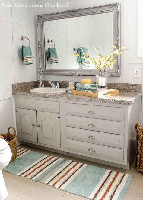 Summer Bathroom refresh with @bhg . Swap out a few  key accessories and you will have a fresh new look for the season. Modern Cottage Bathroom, Diy Bathroom Vanity Makeover, Cheap Bathroom Vanities, Bathroom Vanity Remodel, Bathroom Vanity Tray, Cheap Bathroom, Vanity Makeover, Bathroom Vanity Makeover, Diy Bathroom Vanity