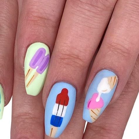 Nikki✨ on Instagram: "😋🍦Ice cream!🍦😋 . . #nikkinailedit #icecreamnails #icecreamart #popsicles #popsicleart #popsiclenails #summernails #summernailart" Popsicle Nail Art, Popsicle Nails, Ice Cream Nails, Popsicle Art, Ice Cream Art, 4th Of July Nails, July Nails, Ice Pops, Birthday Nails